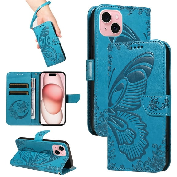 SaniMore Wallet Case for iPhone 13 Mini, PU Leather Embossed Butterfly Flip Folio Cover Card Holder [Kickstand][Wrist Strap] All Arpund Protective Shockproof Shell for iPhone 13 Mini(2021), Blue