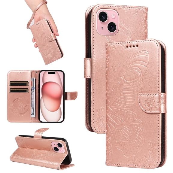 SaniMore Wallet Case for iPhone 13 Mini, PU Leather Embossed Butterfly Flip Folio Cover Card Holder [Kickstand][Wrist Strap] All Arpund Protective Shockproof Shell for iPhone 13 Mini(2021), Rosegold