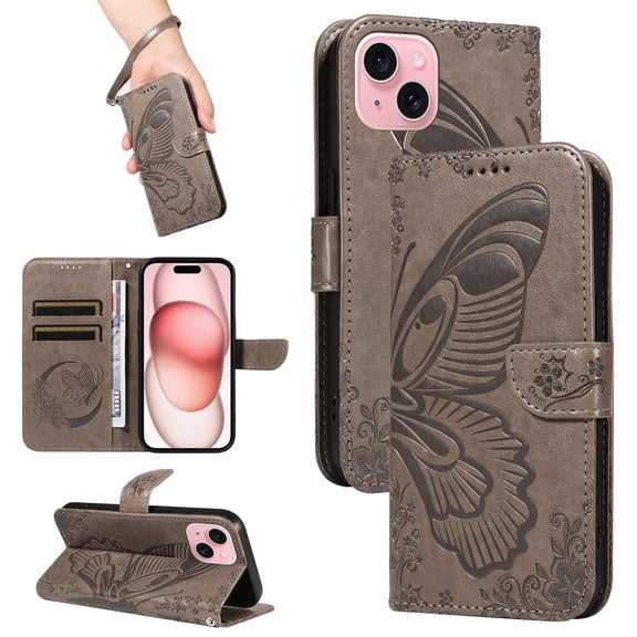 SaniMore Wallet Case for iPhone 13, PU Leather Embossed Butterfly Flip Folio Cover Card Holder [Kickstand][Wrist Strap] All Arpund Protective Shockproof Shell for iPhone 13(2021), Grey