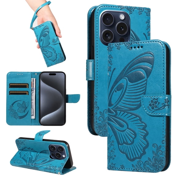 SaniMore Wallet Case for iPhone 13, PU Leather Embossed Butterfly Flip Folio Cover Card Holder [Kickstand][Wrist Strap] All Arpund Protective Shockproof Shell for iPhone 13(2021), Blue