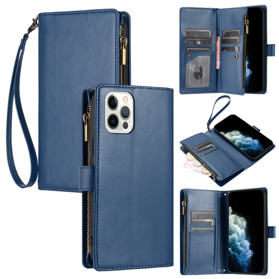 SaniMore Wallet Case for iPhone 13 Pro Max, RFID Blocking PU Leather Zipper Handbag Purse Flip Cover, Kickstand Folio Case with Card Slot Wrist Strap Lanyard for iPhone 13 Pro Max, Blue
