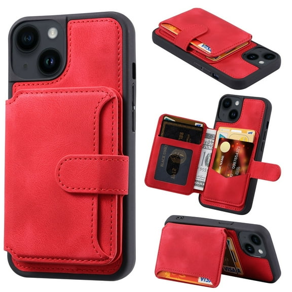 SaniMore Wallet Case for iPhone 14 6.1" 2022, Flip Cash Pocket Card Slots Kickstand PU Leather Skin Wear-resistant Retro Shockproof Anti-drop Cover For iPhone 14 6.1" 2022, Red