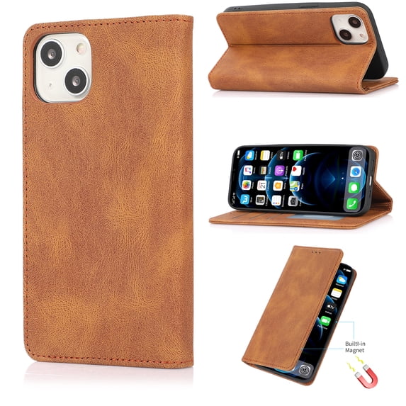 SaniMore Wallet Case for iPhone 14 6.1" 2022, Magnetic Folio PU Leather Cover Bracket Card Slots Cash Pocket All-around Protective Shockproof Anti-fall Business Shell For iPhone 14, Brown