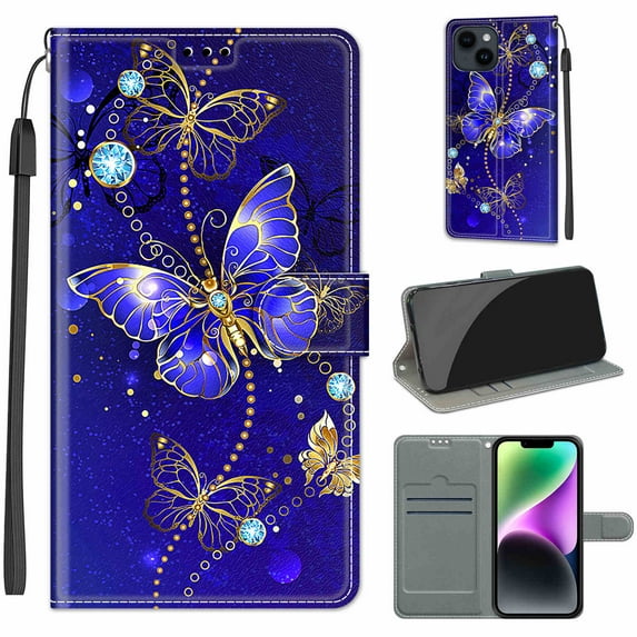 SaniMore Wallet Case for iPhone 14 6.1" 2022, PU Leather Color Painting Kickstand Wrist Strip Magnetic Clasp Cash Pocket Card Holders Shockproof Full Protective Case for iPhone 14, Gold Butterfly