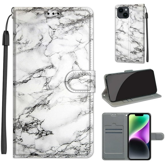 SaniMore Wallet Case for iPhone 14 6.1" 2022, PU Leather Color Painting Kickstand Wrist Strip Magnetic Clasp Cash Pocket Card Holders Shockproof Full Protective Case for iPhone 14“, White Marble