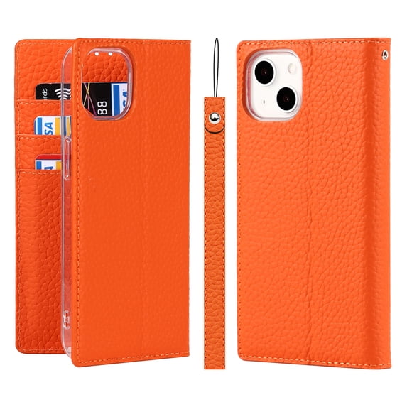 SaniMore Wallet Case for iPhone 14 6.1" 2022, Wrist Strap Flip Kickstand Card Slots Genuine PU Leather Shockproof TPU Shell Anti-fall Full-body Protective Cover For iPhone 14, Orange