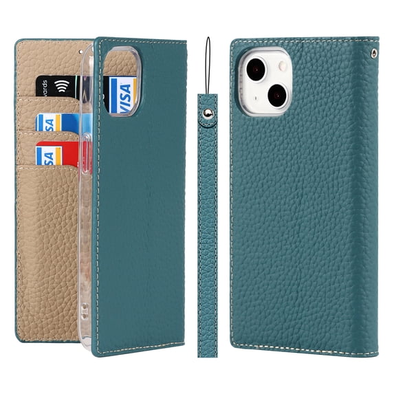 SaniMore Wallet Case for iPhone 14 6.1" 2022, Wrist Strap Flip Kickstand Card Slots Genuine PU Leather Shockproof TPU Shell Anti-fall Full-body Protective Cover For iPhone 14, Skyblue