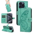 thumbnail image 1 of SaniMore Wallet Case for iPhone 14, PU Leather Embossed Butterfly Flip Folio Cover Card Holder [Kickstand][Wrist Strap] All Arpund Protective Shockproof Shell for iPhone 14(2022), Green, 1 of 18