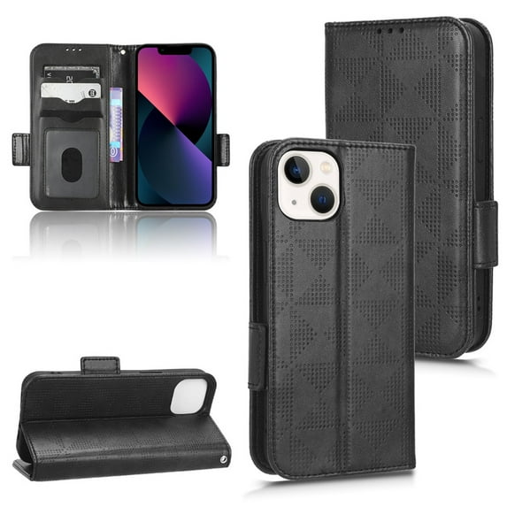 SaniMore Wallet Case for iPhone 14 Plus 6.7" 2022, Glitter PU Leather Case Triangle Pattern Card Slots Cash Pocket Kickstand Removeable Wrist Strip All-around Protective Magnetic Case, Black
