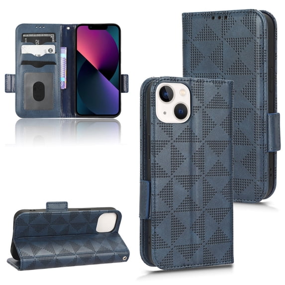 SaniMore Wallet Case for iPhone 14 Plus 6.7" 2022, Glitter PU Leather Case Triangle Pattern Card Slots Cash Pocket Kickstand Removeable Wrist Strip All-around Protective Magnetic Case, Blue