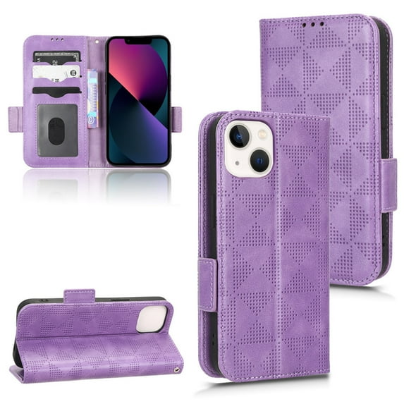 SaniMore Wallet Case for iPhone 14 Plus 6.7" 2022, Glitter PU Leather Case Triangle Pattern Card Slots Cash Pocket Kickstand Removeable Wrist Strip All-around Protective Magnetic Case, Purple