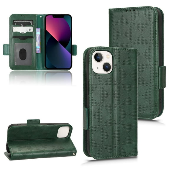 SaniMore Wallet Case for iPhone 14 Plus 6.7" 2022, Glitter PU Leather Case Triangle Pattern Card Slots Cash Pocket Kickstand Removeable Wrist Strip All-around Protective Magnetic Case. Green