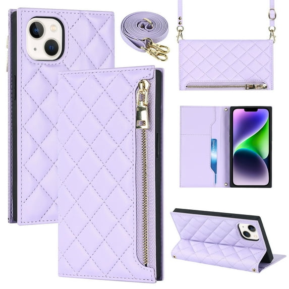 SaniMore Wallet Case for iPhone 14 Plus 6.7" 2022,PU Leather 3D Lattice Zipper Cash Pocket Card Slots Crossbody Strap Kickstand Full Body Protective Girly Shell for iPhone 14 Plus, Purple