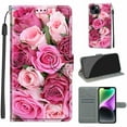 thumbnail image 1 of SaniMore Wallet Case for iPhone 14 Plus 6.7" 2022, PU Leather Color Painting Kickstand Wrist Strip Magnetic Clasp Cash Pocket Card Holders Shockproof Full Protective Case, Pink Rose, 1 of 9