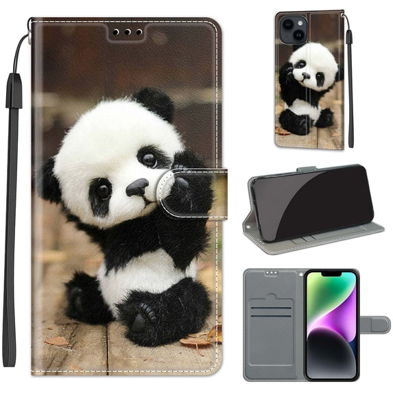 SaniMore Wallet Case for iPhone 14 Plus 6.7" 2022, PU Leather Color Painting Kickstand Wrist Strip Magnetic Clasp Cash Pocket Card Holders Shockproof Full Protective Case for iPhone 14 Plus, Panda