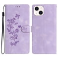 thumbnail image 1 of SaniMore Wallet Case for iPhone 14 Plus 6.7" 2022,  PU Leather Embossed Flower Shockproof [Card Slots + Cash Pocket + Removeable Wrist Strap] Kickstand Full Protective Business Shell, Purple, 1 of 11