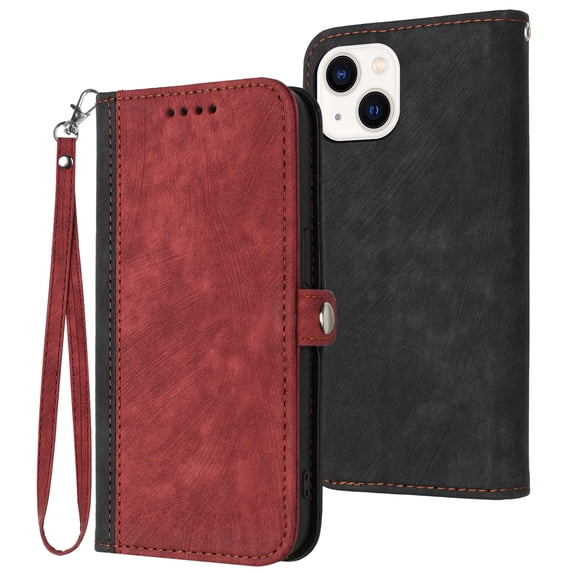SaniMore Wallet Case for iPhone 14 Plus 6.7" 2022, Retro PU Leather Case Card Slots Cash Pocket Kickstand Removeable Lanyard Shockproof Anti-fall Full Protective Magnetic Case, Red