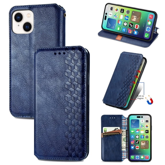 SaniMore Wallet Case for iPhone 14 Plus 6.7", Vintage PU Leather Case Card Slots Cash Pocket Stand Feature Magnetic Closure Anti-drop Shockproof Full Body Protective Case for iPhone 14 Plus, Blue