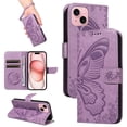 thumbnail image 1 of SaniMore Wallet Case for iPhone 14 Plus, PU Leather Embossed Butterfly Flip Folio Cover Card Holder [Kickstand][Wrist Strap] All Arpund Protective Shockproof Shell for iPhone 14 Plus(2022), Purple, 1 of 18