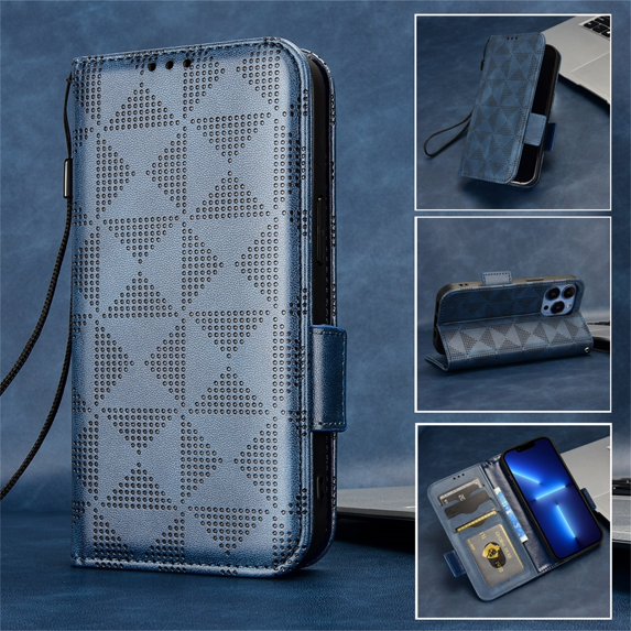 SaniMore Wallet Case for iPhone 14 Pro 6.1" 2022, Glitter PU Leather Case Triangle Pattern Card Slots Cash Pocket Kickstand Removeable Wrist Strip All-around Protective Magnetic Case, Blue
