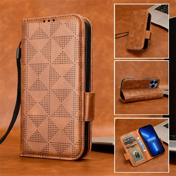 SaniMore Wallet Case for iPhone 14 Pro 6.1" 2022, Glitter PU Leather Case Triangle Pattern Card Slots Cash Pocket Kickstand Removeable Wrist Strip All-around Protective Magnetic Case, Brown