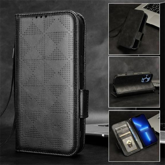 SaniMore Wallet Case for iPhone 14 Pro 6.1" 2022, Glitter PU Leather Case Triangle Pattern Card Slots Cash Pocket Kickstand Removeable Wrist Strip All-around Protective Magnetic Case, Black