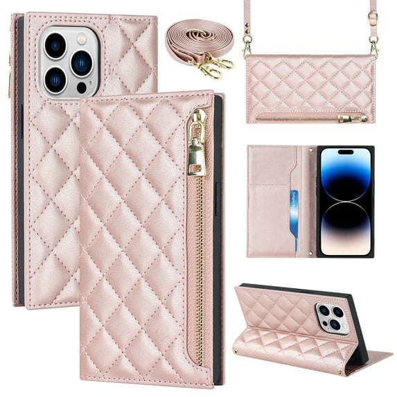 SaniMore Wallet Case for iPhone 14 Pro 6.1" 2022,PU Leather 3D Lattice Zipper Cash Pocket Card Slots Crossbody Strap Kickstand Full Body Protective Girly Shell for iPhone 14 Pro, Rosegold