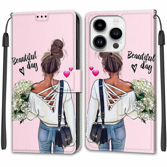 SaniMore Wallet Case for iPhone 14 Pro 6.1" 2022, PU Leather Color Painting Kickstand Wrist Strip Magnetic Clasp Cash Pocket Card Holders Shockproof Full Protective Case for iPhone 14 Pro, Girl