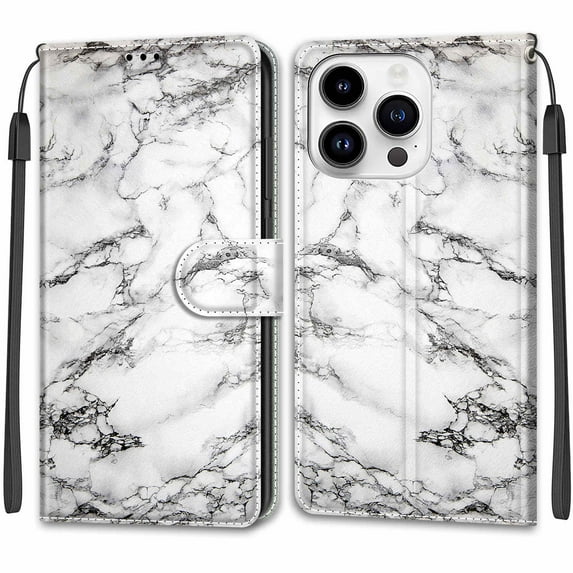 SaniMore Wallet Case for iPhone 14 Pro 6.1" 2022, PU Leather Color Painting Kickstand Wrist Strip Magnetic Clasp Cash Pocket Card Holders Shockproof Full Protective Case, White Marble