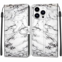 SaniMore Wallet Case for iPhone 14 Pro 6.1" 2022, PU Leather Color Painting Kickstand Wrist Strip Magnetic Clasp Cash Pocket Card Holders Shockproof Full Protective Case, White Marble