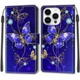 thumbnail image 1 of SaniMore Wallet Case for iPhone 14 Pro 6.1" 2022, PU Leather Color Painting Kickstand Wrist Strip Magnetic Clasp Cash Pocket Card Holders Shockproof Full Protective Case, Gold Butterfly, 1 of 9