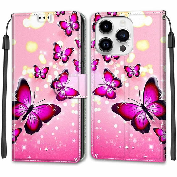 SaniMore Wallet Case for iPhone 14 Pro 6.1" 2022, PU Leather Color Painting Kickstand Wrist Strip Magnetic Clasp Cash Pocket Card Holders Shockproof Full Protective Case, Pink Butterfly