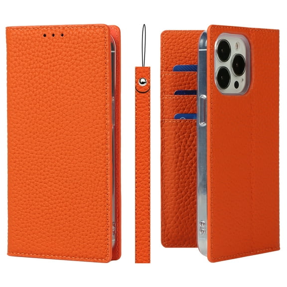 SaniMore Wallet Case for iPhone 14 Pro 6.1" 2022, Wrist Strap Flip Kickstand Card Slots Genuine PU Leather Shockproof TPU Shell Anti-fall Full-body Protective Cover For iPhone 14 Pro, Orange