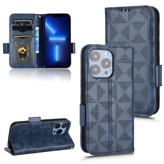 SaniMore Wallet Case for iPhone 14 Pro Max 6.7" 2022, Glitter PU Leather Case Triangle Pattern Card Slots Cash Pocket Kickstand Removeable Wrist Strip All-around Protective Magnetic Case, Blue