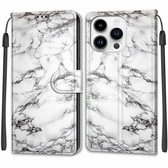 SaniMore Wallet Case for iPhone 14 Pro Max 6.7" 2022, PU Leather Color Painting Kickstand Wrist Strip Magnetic Clasp Cash Pocket Card Holders Shockproof Full Protective Case, White Marble