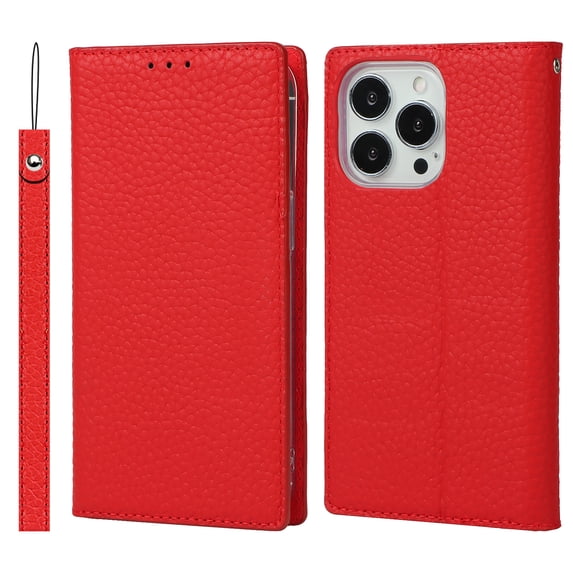 SaniMore Wallet Case for iPhone 14 Pro Max 6.7" 2022, Wrist Strap Flip Kickstand Card Slots Genuine PU Leather Shockproof TPU Shell Anti-fall Full-body Protective Cover For iPhone 14 Pro Max, Red