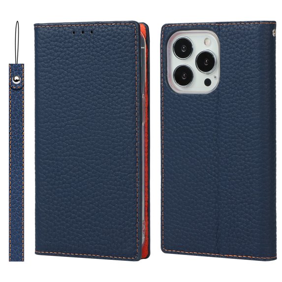 SaniMore Wallet Case for iPhone 14 Pro Max 6.7" 2022, Wrist Strap Flip Kickstand Card Slots Genuine PU Leather Shockproof TPU Shell Anti-fall Full-body Protective Cover For iPhone 14 Pro Max, Darkblue