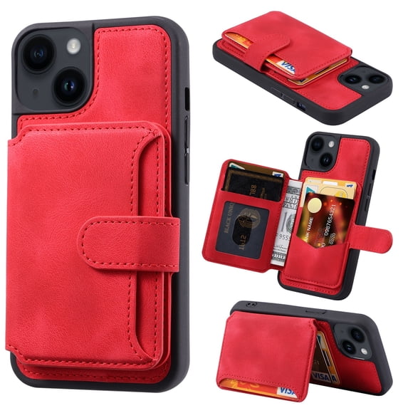 SaniMore Wallet Case for iPhone 15 6.1" 2023, Flip Cash Pocket Card Slots Kickstand PU Leather Skin Wear-resistant Retro Shockproof Anti-drop Cover For iPhone 15, Red