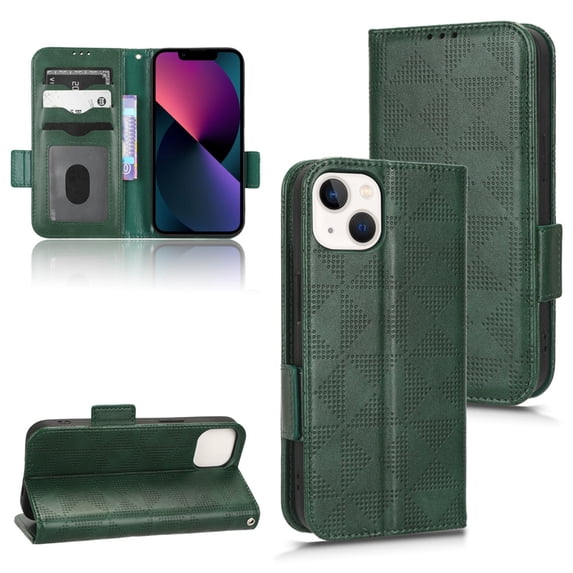 SaniMore Wallet Case for iPhone 15 6.1" 2023, Glitter PU Leather Case Triangle Pattern Card Slots Cash Pocket Kickstand Removeable Wrist Strip All-around Protective Magnetic Cover, Green