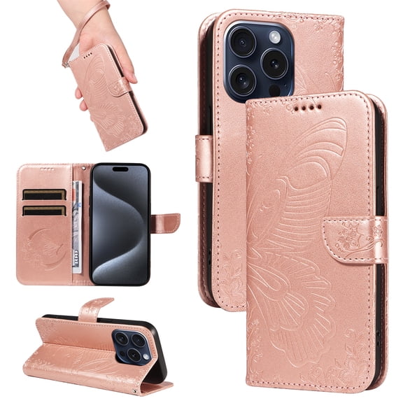 SaniMore Wallet Case for iPhone 15, PU Leather Embossed Butterfly Flip Folio Cover Card Holder [Kickstand][Wrist Strap] All Arpund Protective Shockproof Shell for iPhone 15(2023), Rosegold