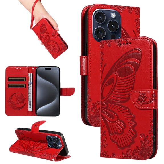 SaniMore Wallet Case for iPhone 15, PU Leather Embossed Butterfly Flip Folio Cover Card Holder [Kickstand][Wrist Strap] All Arpund Protective Shockproof Shell for iPhone 15(2023), Red