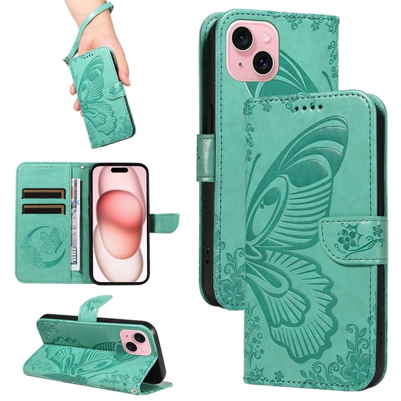 SaniMore Wallet Case for iPhone 15, PU Leather Embossed Butterfly Flip Folio Cover Card Holder [Kickstand][Wrist Strap] All Arpund Protective Shockproof Shell for iPhone 15(2023), Green