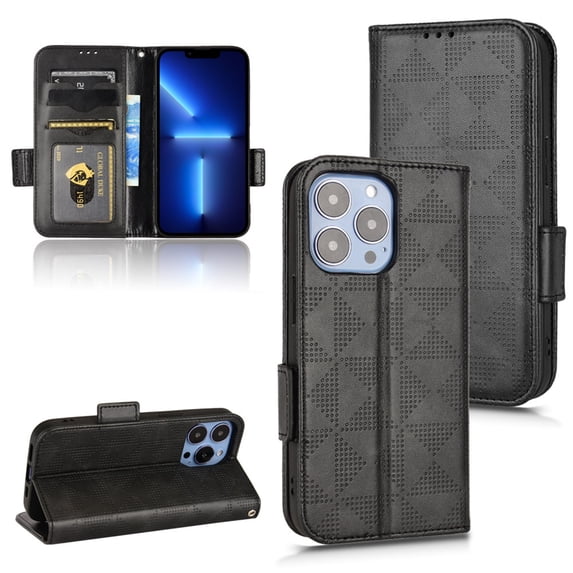 SaniMore Wallet Case for iPhone 15 Pro 6.1" 2023, Glitter PU Leather Case Triangle Pattern Card Slots Cash Pocket Kickstand Removeable Wrist Strip All-around Protective Magnetic Cover, Black