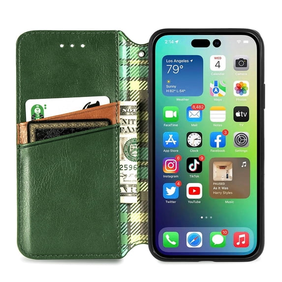 SaniMore Wallet Case for iPhone 15 Pro 6.1", Vintage PU Leather Case Card Slots Cash Pocket Stand Feature Magnetic Closure Anti-drop Shockproof Full Body Protective Cover, Green