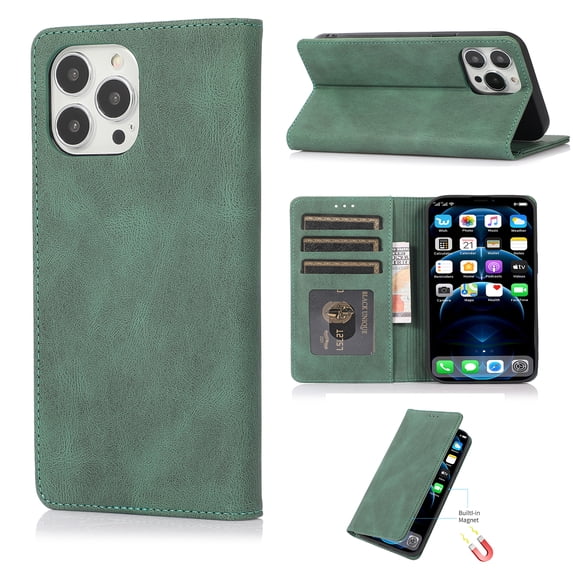 SaniMore Wallet Case for iPhone 15 Pro Max 6.7" 2023, Magnetic Folio PU Leather Cover Bracket Card Slots Cash Pocket All-around Protective Shockproof Anti-fall Business Shell, Green