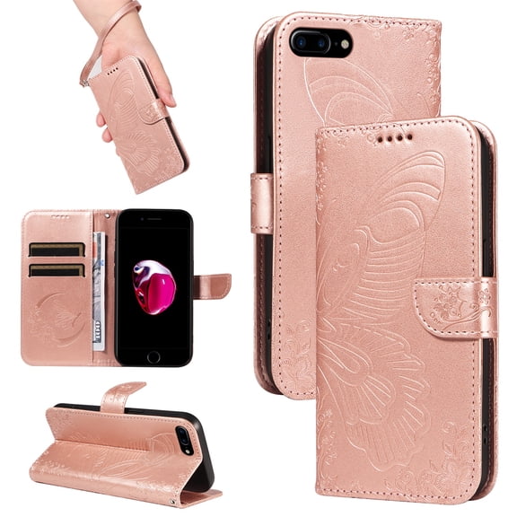 SaniMore Wallet Case for iPhone 8 Plus/7 Plus, PU Leather Embossed Butterfly Flip Folio Cover Card Holder [Kickstand][Wrist Strap] All Arpund Protective Shockproof Shell, Rosegold
