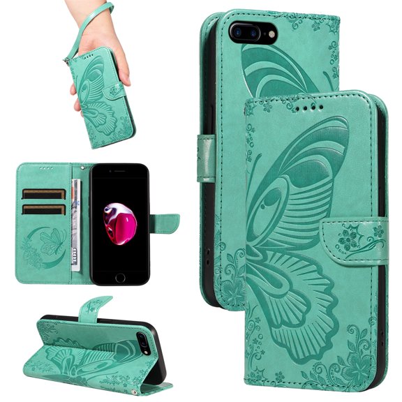 SaniMore Wallet Case for iPhone 8 Plus/7 Plus, PU Leather Embossed Butterfly Flip Folio Cover Card Holder [Kickstand][Wrist Strap] All Arpund Protective Shockproof Shell, Green