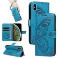 thumbnail image 1 of SaniMore Wallet Case for iPhone X/XS, PU Leather Embossed Butterfly Flip Folio Cover Card Holder [Kickstand][Wrist Strap] All Arpund Protective Shockproof Shell for iPhone X/XS(2018), Blue, 1 of 18