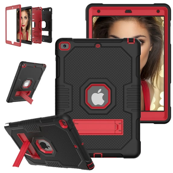 SaniMore for iPad 10.2 inch 9th/8th/7th Generation (2021/2020/2019) Back Case Hidden Kickstand Heavy Duty Protective Shockproof Case for iPad 10.2 inch 9th/8th/7th Gene (2021/2020/2019), Black + Red