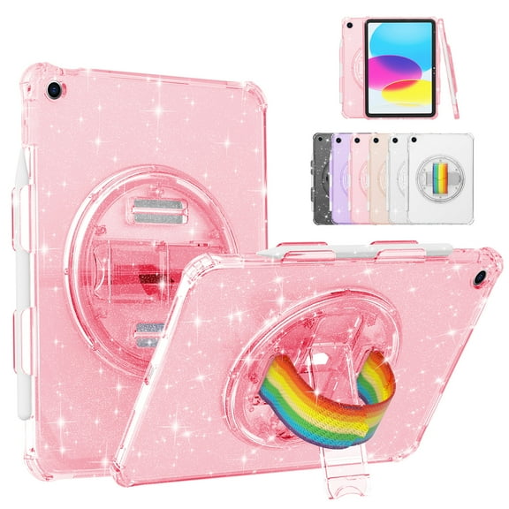 SaniMore for iPad 10.2 inch 9th/8th/7th Generation (2021/2020/2019) Cover with 360° Rotating Rainbow Wristlet Pencil Holder,Hidden Bracket Heavy Duty Protective Drop Resistant Shell, Pink